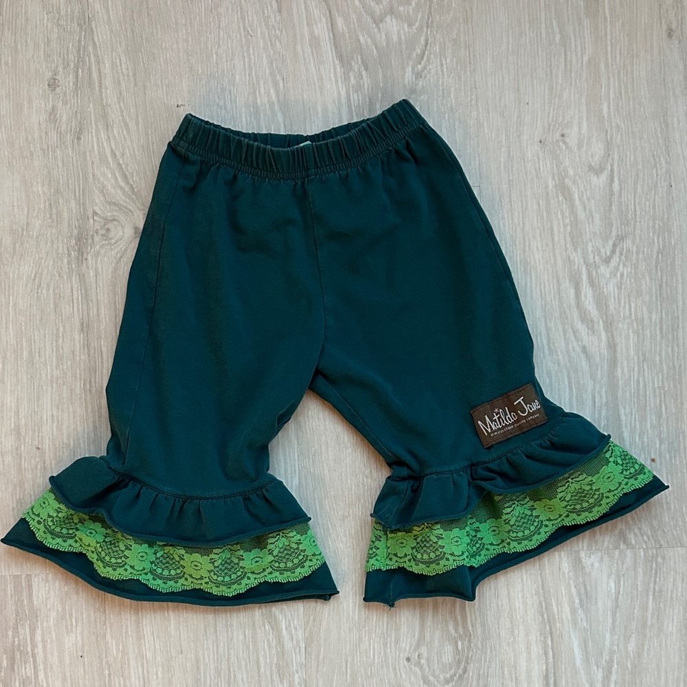 Matilda Jane Teal Big Ruffle Pants with Green Lace Trim, size 12 months
